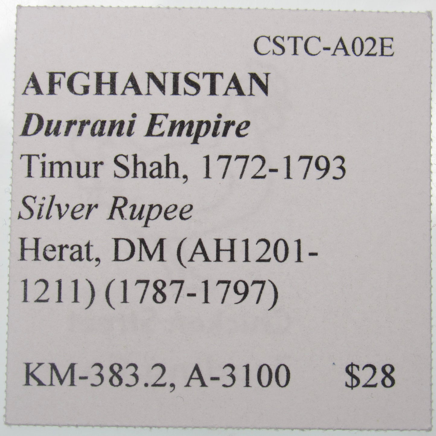 AFGHANISTAN. Durrani Empire. Timur Shah. Silver Rupee. Herat, DM (1201-1211 AH) (1787-1797). KM-383.2. A-3100.