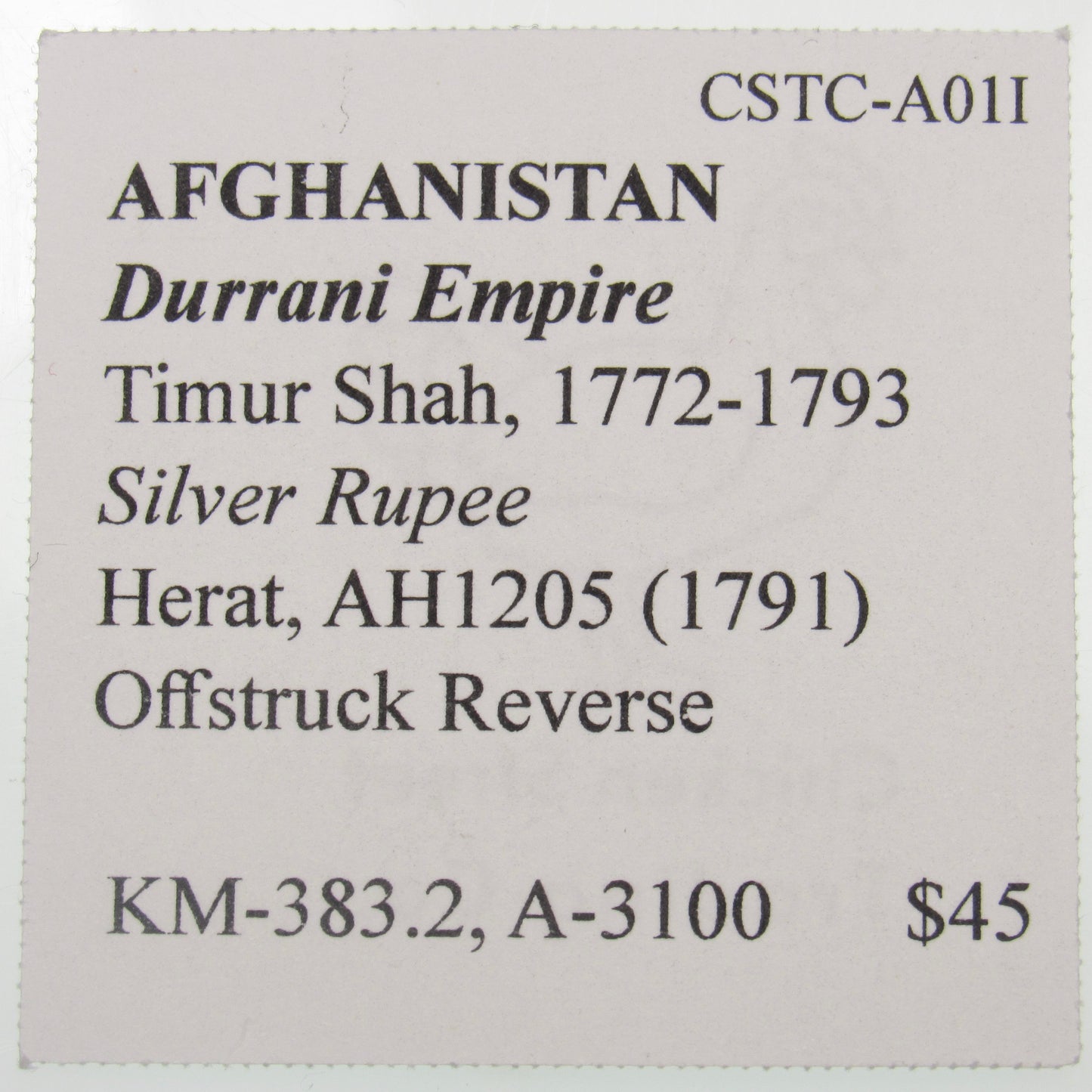 AFGHANISTAN. Durrani Empire. Timur Shah. Silver Rupee. Herat, AH1205 (1791). Offstruck Reverse. KM-383.2. A-3100.