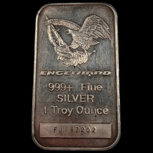 1 oz Silver Bar — Engelhard (Tall Eagle Design). Serial #FU87202. .999 Fine Silver.